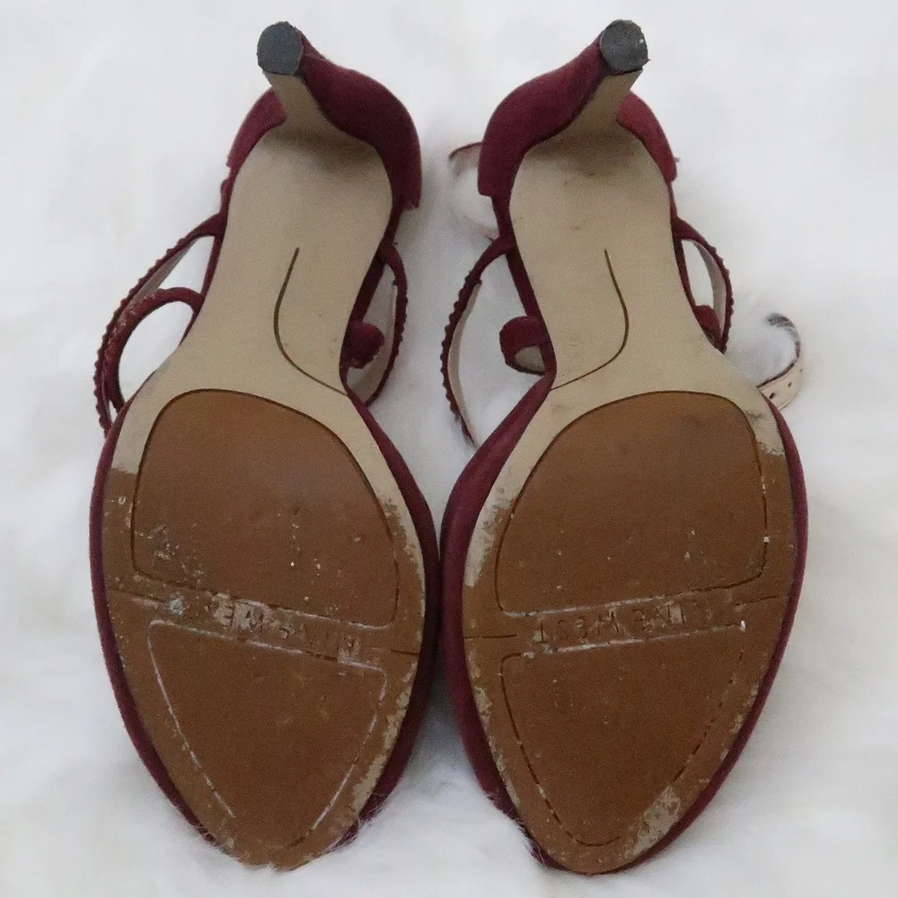 Nine West Burgundy Red Suede Peep-Toe High Heels with Red Rhinestone Straps